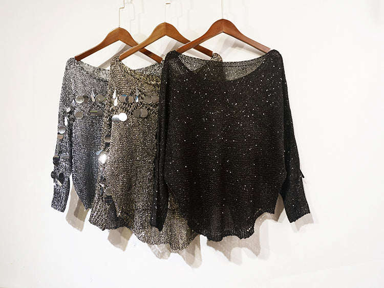Women's One-word Neck Loose Pullover Bat Sleeve Sequined Top Knit Sweater
