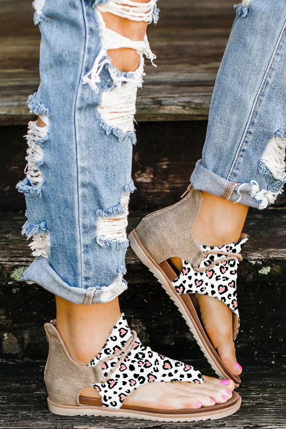 Floral Leopard Mixed Print Flip Flop Sandals