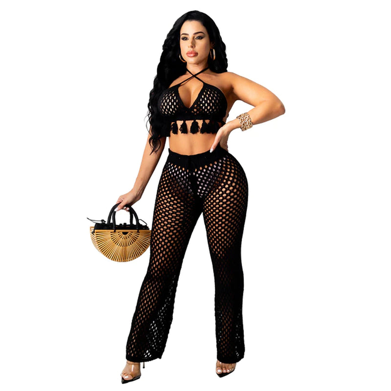 RT Sexy Women Knitted Set Two Pieces Set Halter Backless Bra Crop Top Pants Crocheted 2 Pieces Set Hollow Out Crochet Beach Set