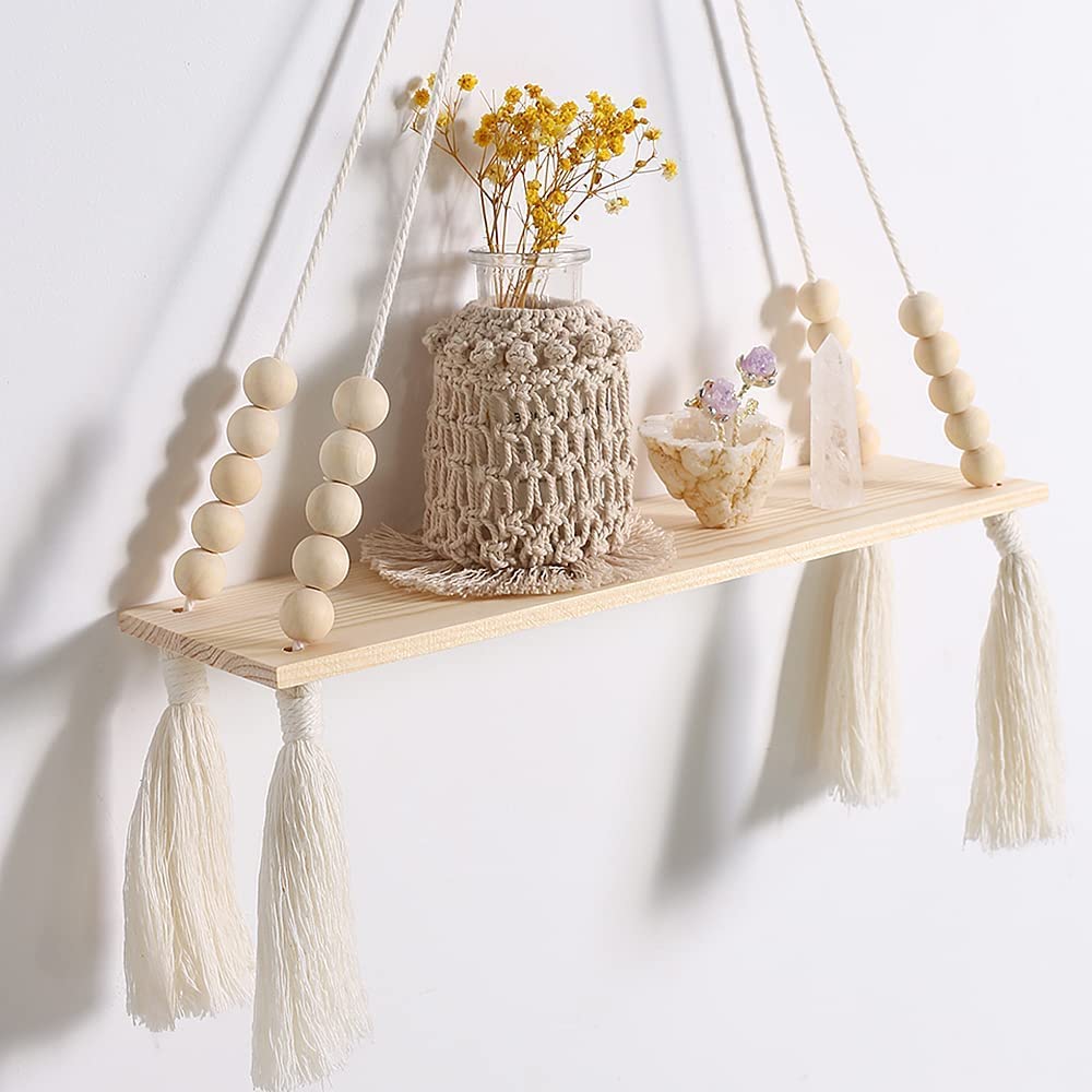 Wooden Wall Hanging Shelves - Macrame Hanging Plant Shelf With Tassel,Boho Storage Floating Shelves Handmade Rustic Hanger Planter Rack Pot Stand Holder