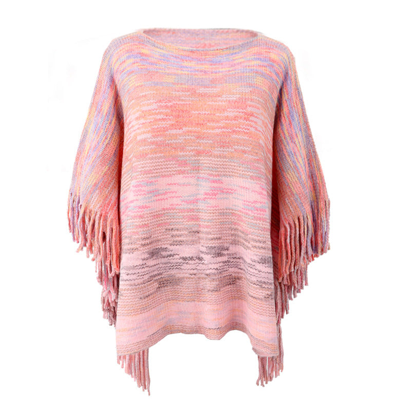 Shawl Cloak Sweater Striped Fringed Hem Coat