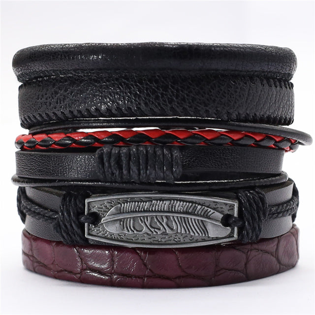 Black Feather Men's Bracelet 5 Pieces Set Wristband