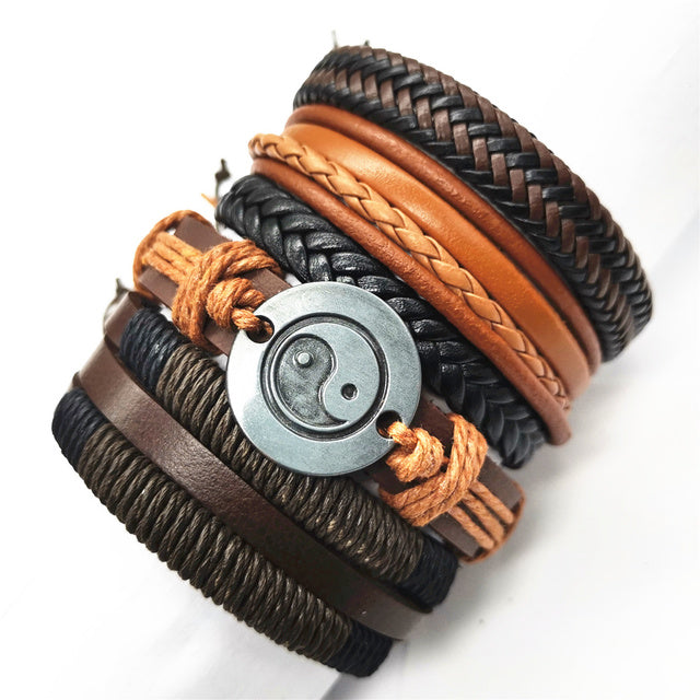 Black Feather Men's Bracelet 5 Pieces Set Wristband