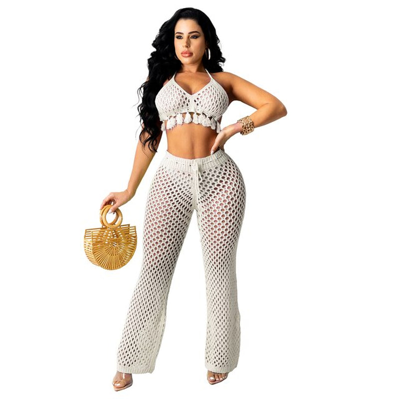 RT Sexy Women Knitted Set Two Pieces Set Halter Backless Bra Crop Top Pants Crocheted 2 Pieces Set Hollow Out Crochet Beach Set