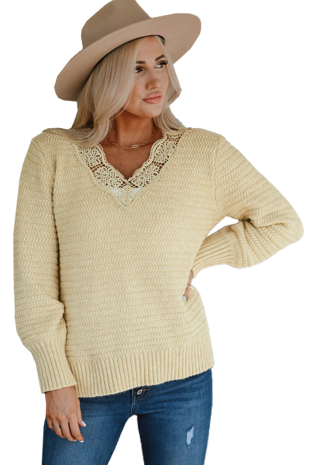Beige Lace Scalloped V-Neck Side Split Loose Sweater
