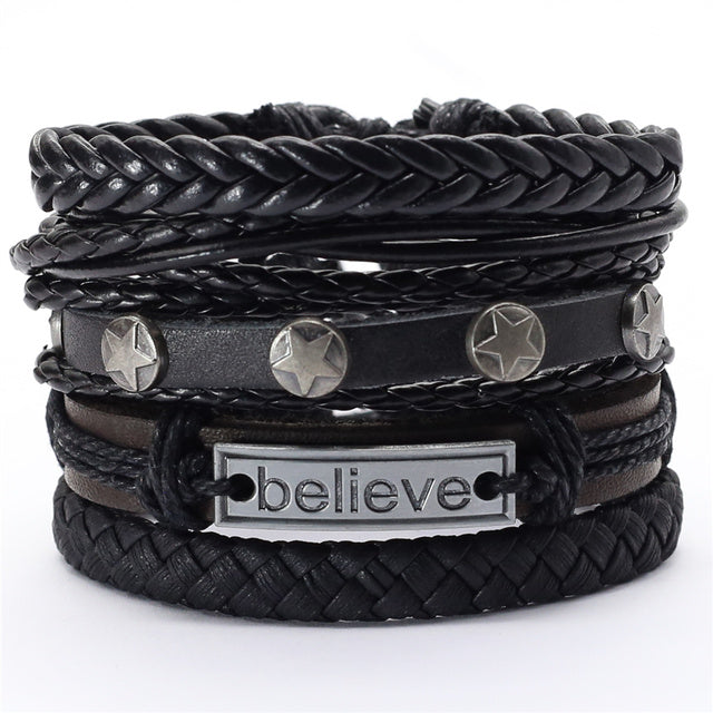 Black Feather Men's Bracelet 5 Pieces Set Wristband