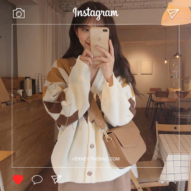 Korean College Style Diamond Plaid Sweater Coat