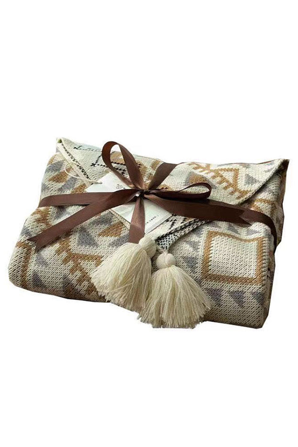 Beige Boho Geometric Knitted Tasseled Throw Blanket 127*170cm
