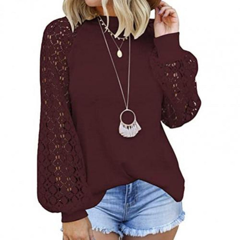 Women Shirts Spring Solid Long Sleeve Casual Blouse Hollow Out Lace Crochet Crewneck T-Shirt Streetwear Oversized Blusas Mujer