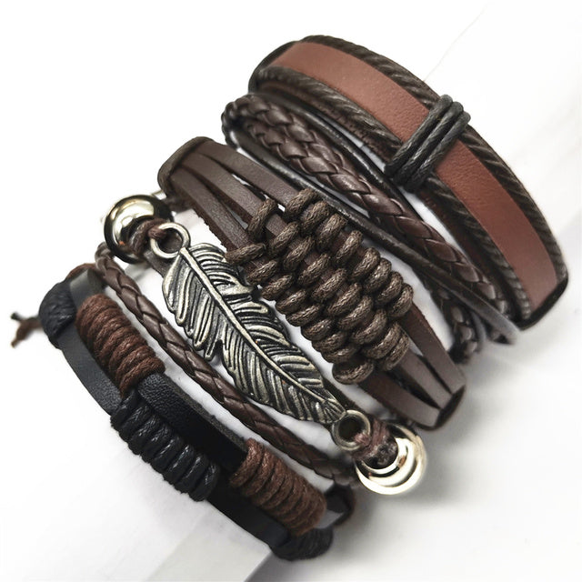 Black Feather Men's Bracelet 5 Pieces Set Wristband