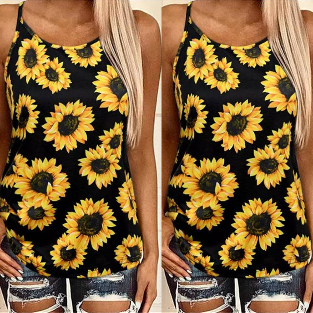 Amazon AliExpress Summer New Printed T-shirt Cross Hollow Back Spaghetti-strap Camisole Top Women In Stock