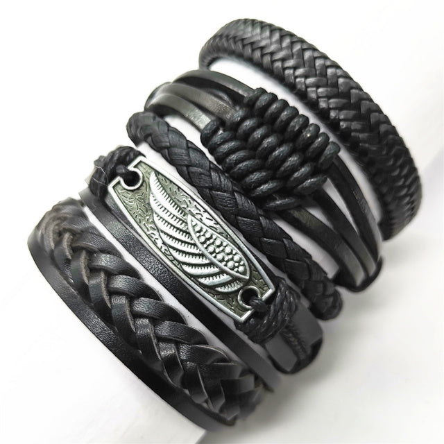 Black Feather Men's Bracelet 5 Pieces Set Wristband