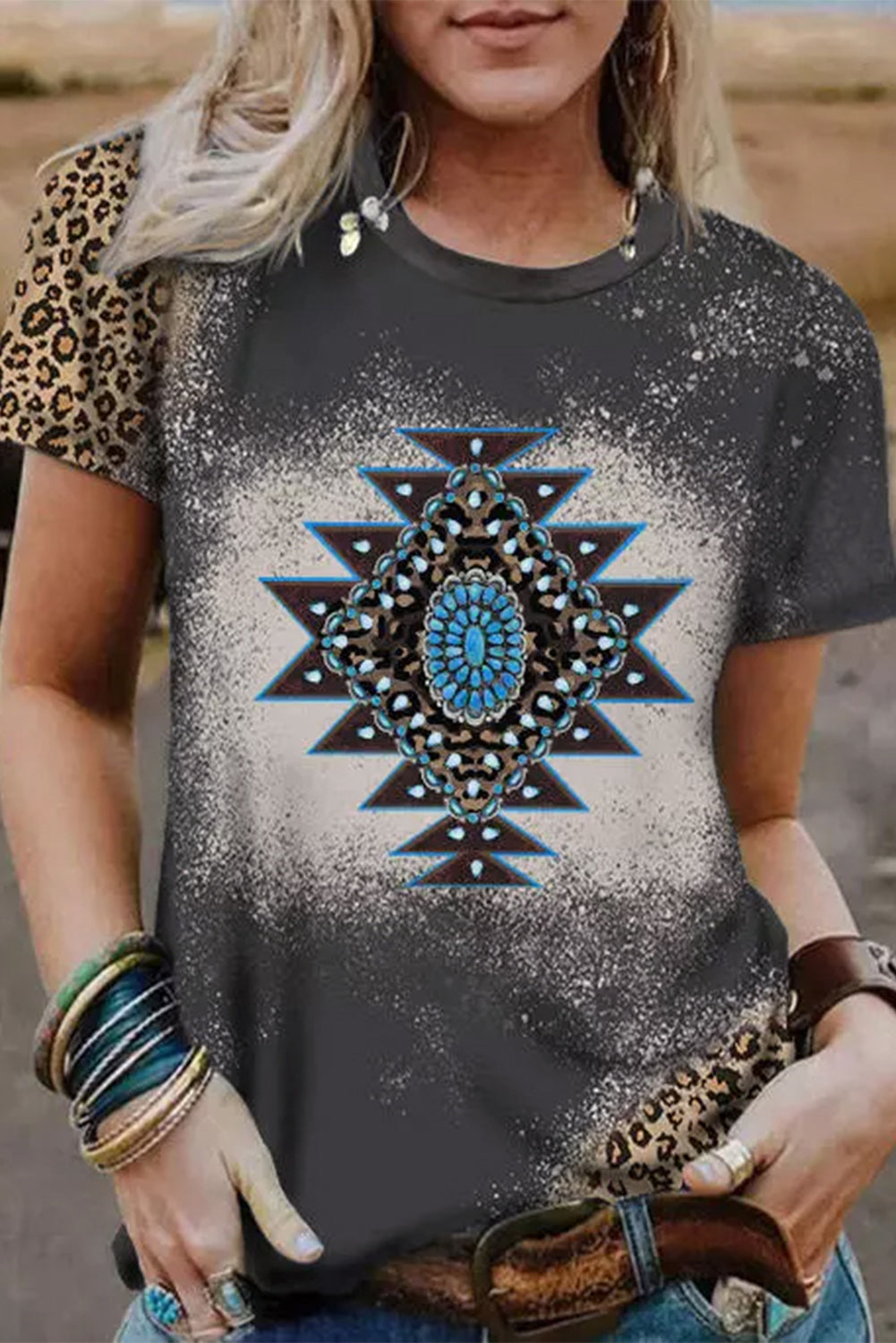 Aztec Geometric Leopard Print Short Sleeve T Shirt
