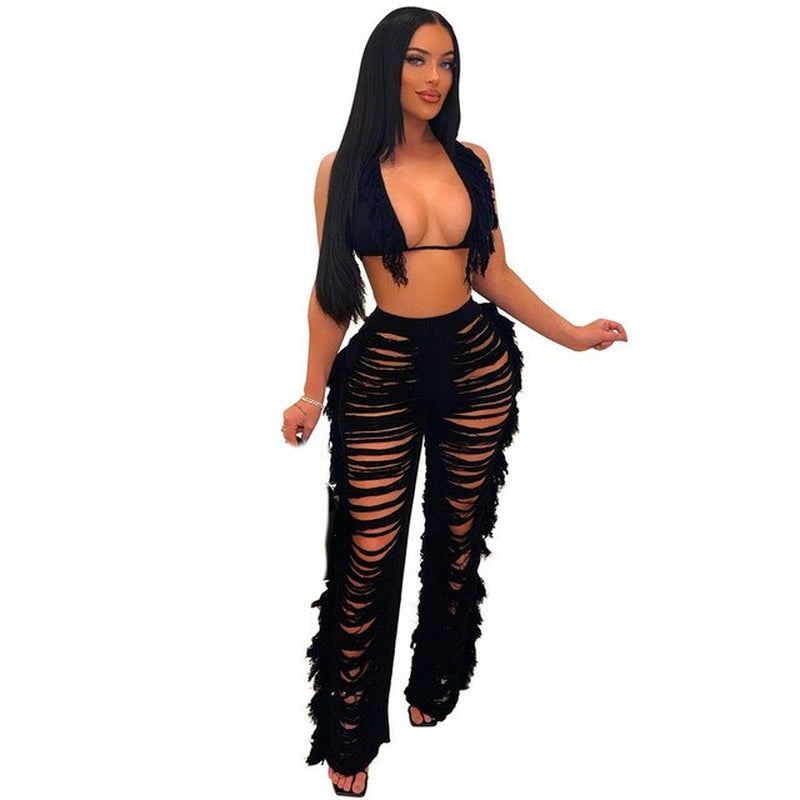 RT Sexy Women Knitted Set Two Pieces Set Halter Backless Bra Crop Top Pants Crocheted 2 Pieces Set Hollow Out Crochet Beach Set