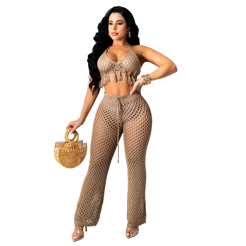 RT Sexy Women Knitted Set Two Pieces Set Halter Backless Bra Crop Top Pants Crocheted 2 Pieces Set Hollow Out Crochet Beach Set