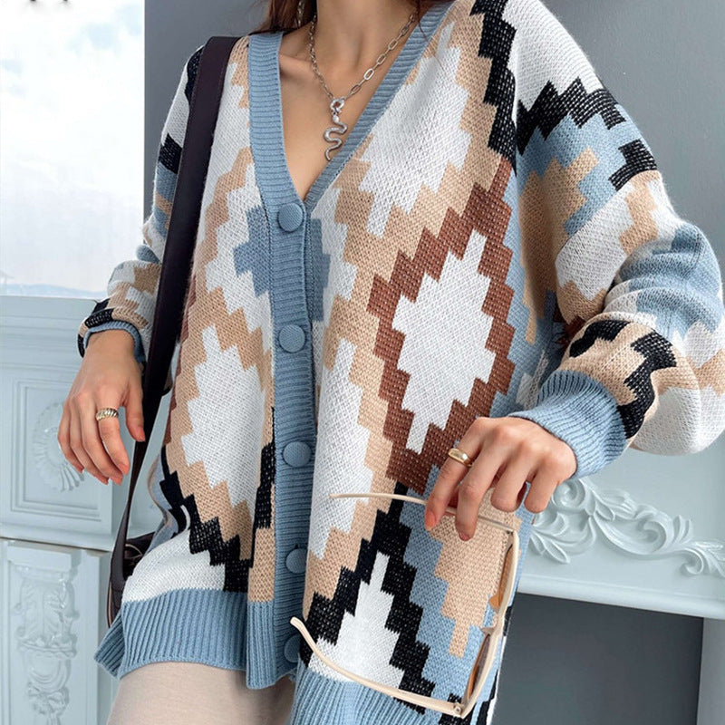 Contrasting Color Personalized Cardigan Button Knit Jacket