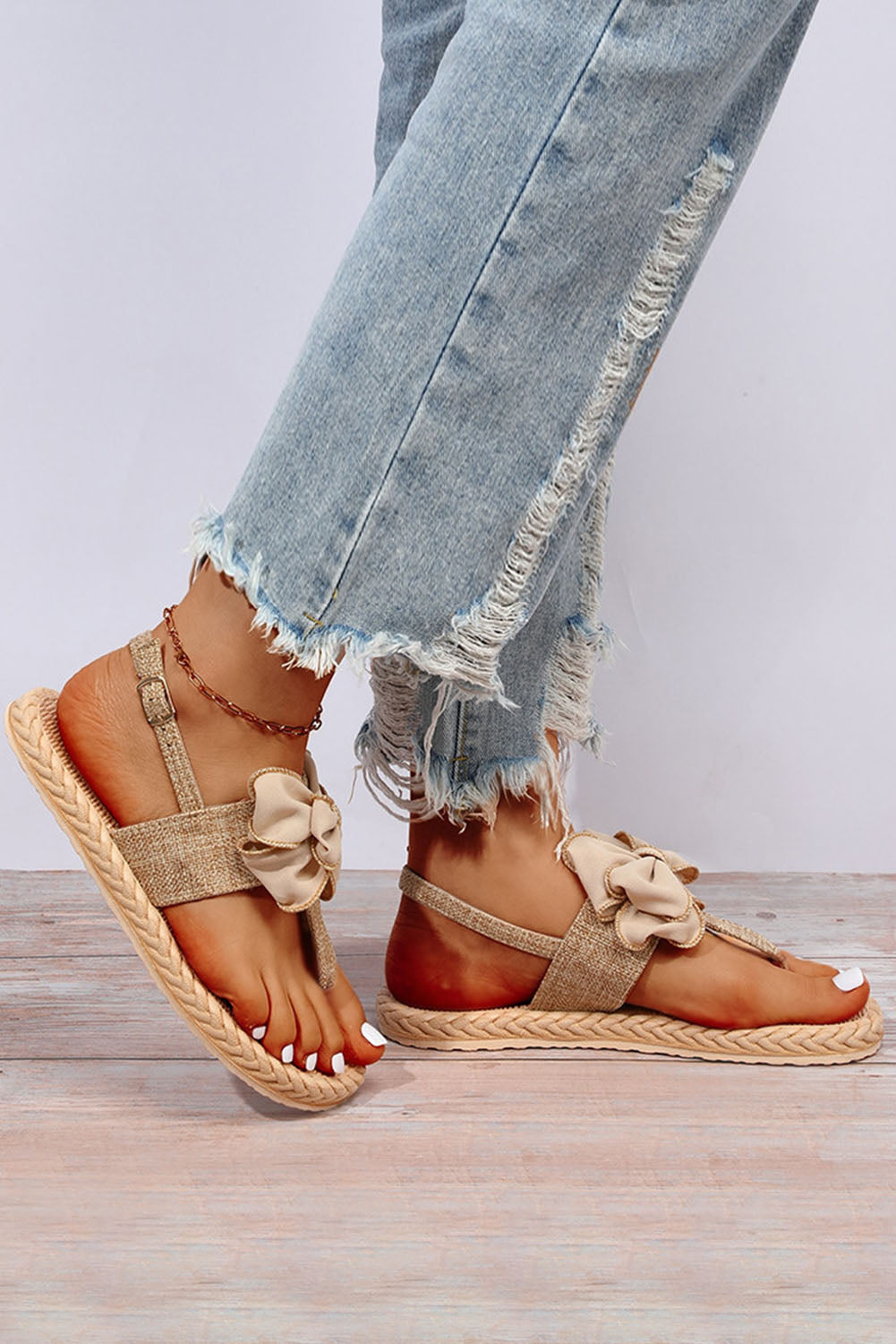 Beige Summer Linen Bow Knot Thong Sandals