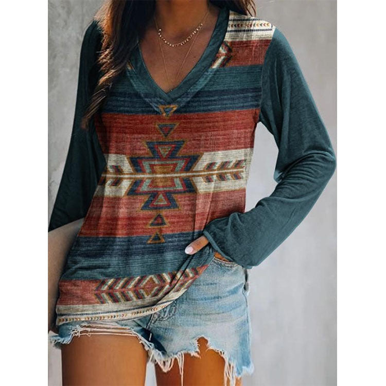 Top Ethnic Orientation Print Long Sleeve T-Shirt Women