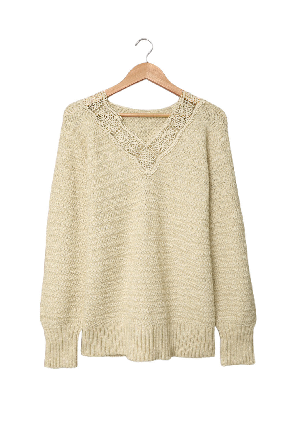 Beige Lace Scalloped V-Neck Side Split Loose Sweater