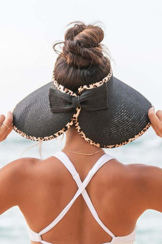 Leopard Patchwork Bow Wide Brim Straw Hat