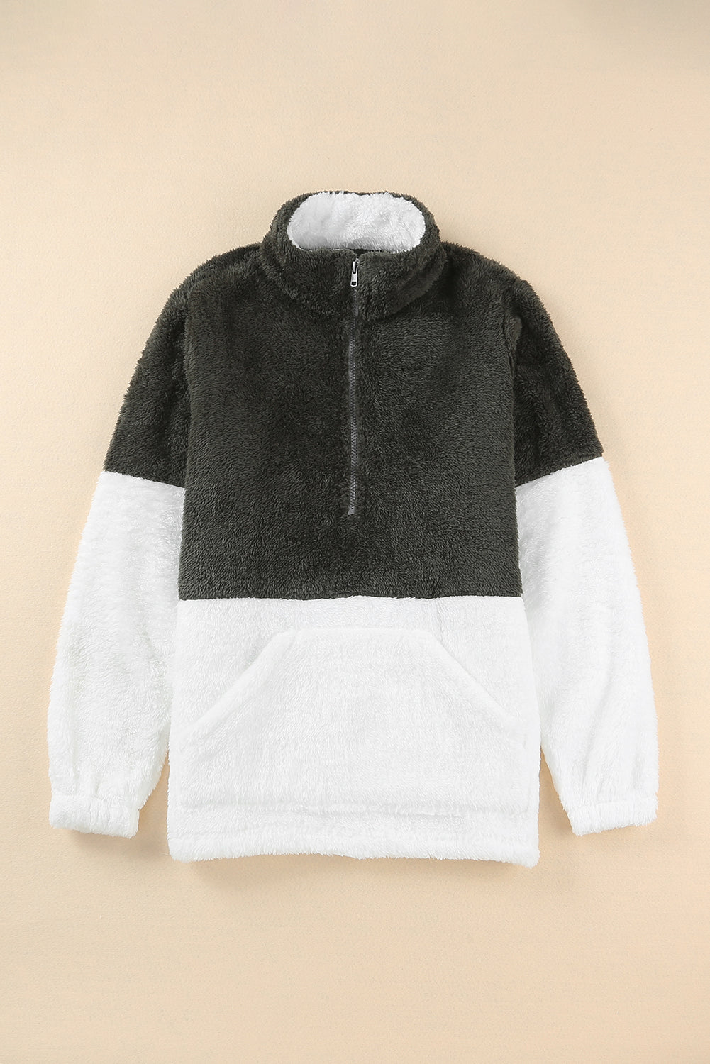 Charcoal White Zip Neck Oversize Fluffy Fleece Pullover