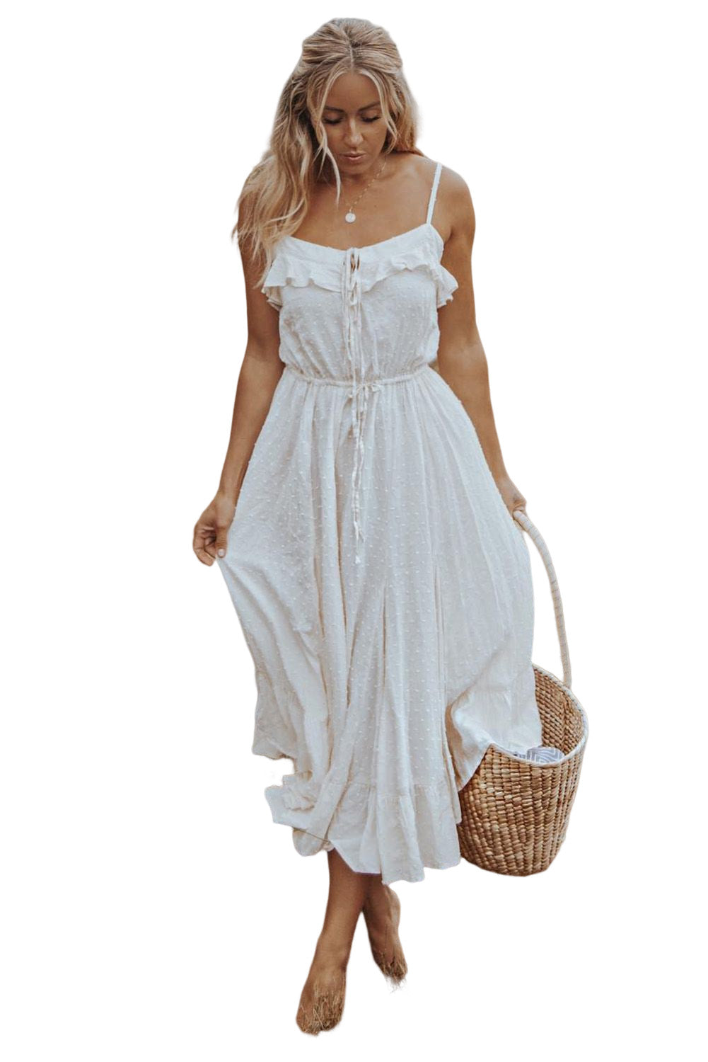 Swiss Dot Spaghetti Straps Ruffled Maxi Dress