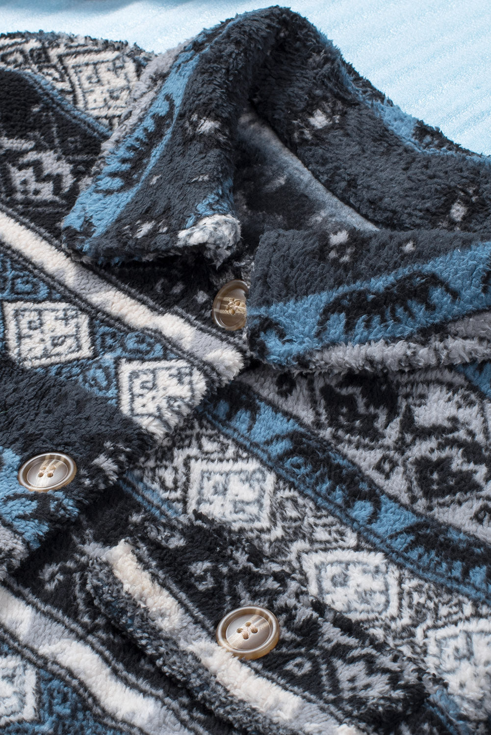 Tribal Print Pocket Buttoned Sherpa Jacket