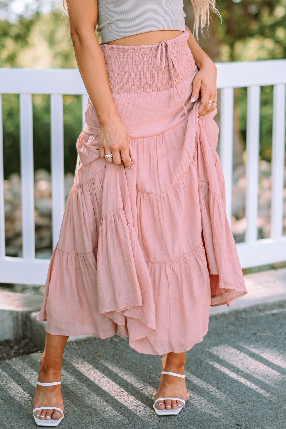 Smocked High Waist Tiered Maxi Skirt
