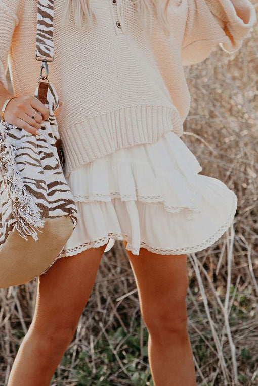 Solid Color High Waist Tiered Crochet Ruffle Mini Skirt