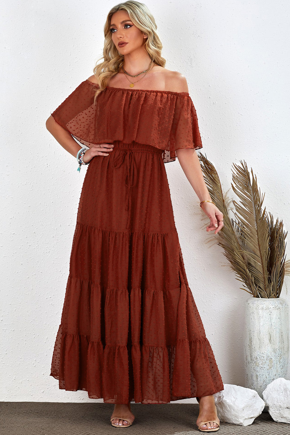Yellow Yellow Off Shoulder Ruffle Swiss Dot Maxi Dress
