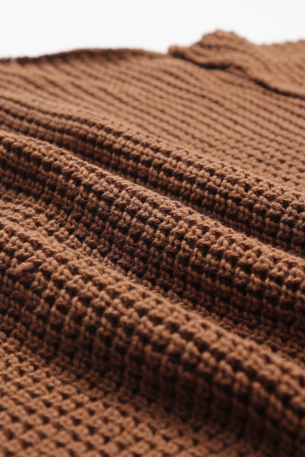 Coffee Pointelle Knit Button V Neck Drop Shoulder Sweater