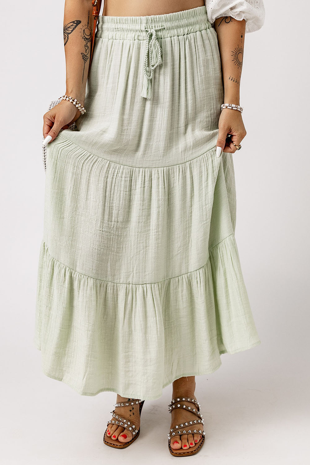 Drawstring High Waist Tiered Long Skirt