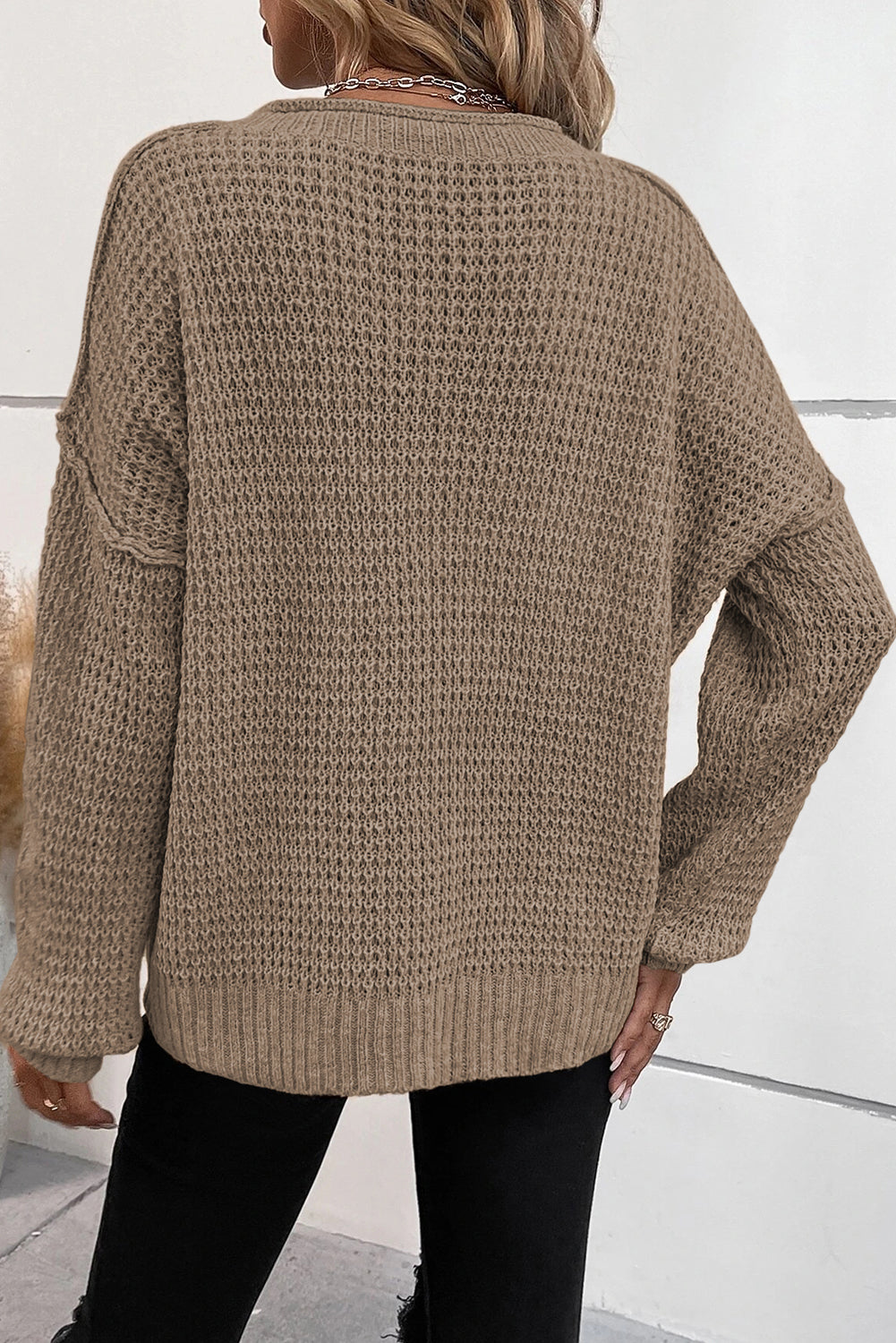 Coffee Pointelle Knit Button V Neck Drop Shoulder Sweater