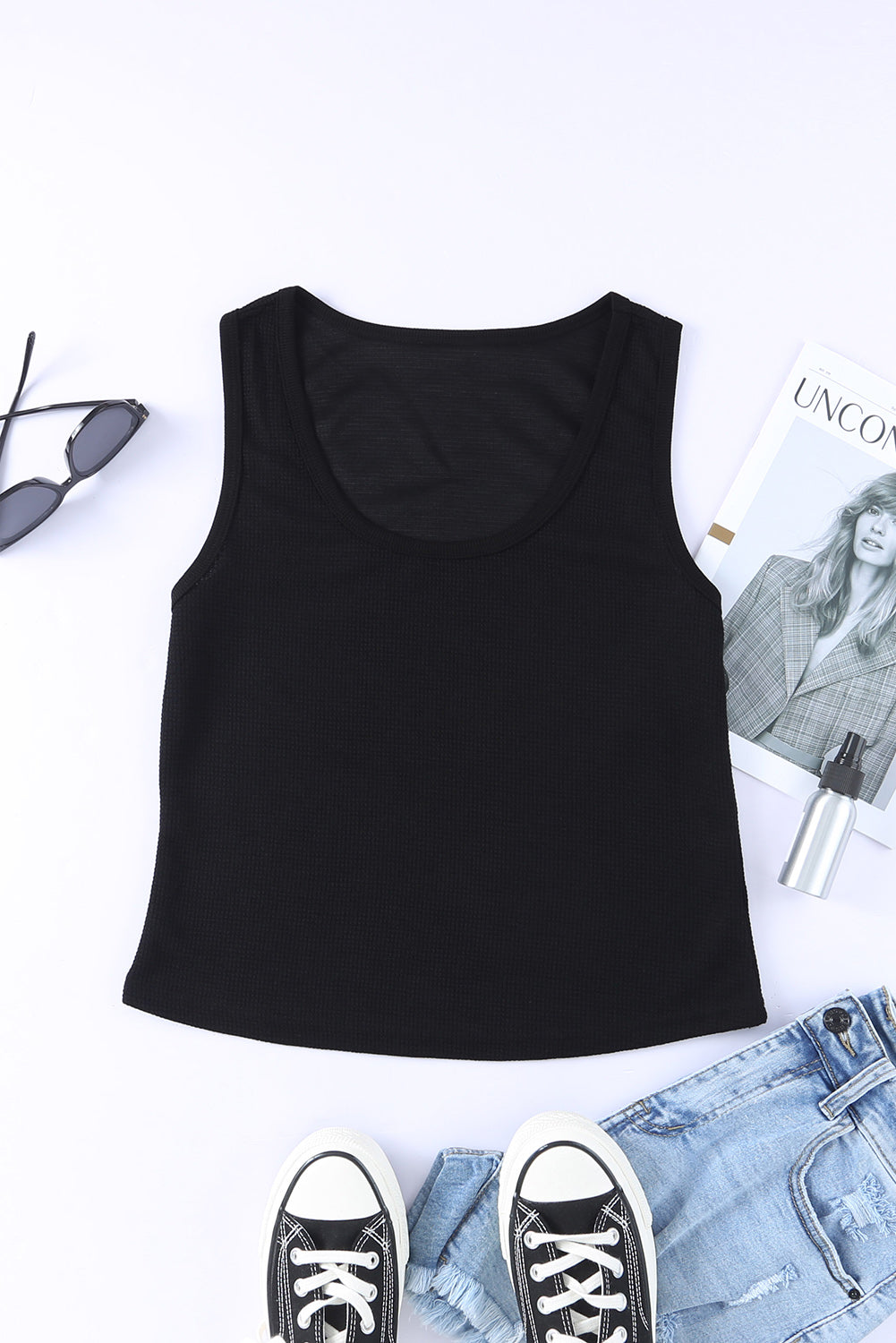 Pink Plain Waffle Knit U Neck Tank Top