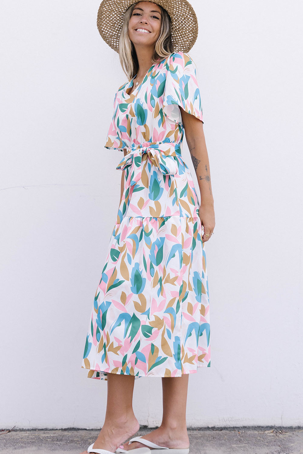 Multicolor V Neck Short Sleeves Boho Tropical Print Long Dress
