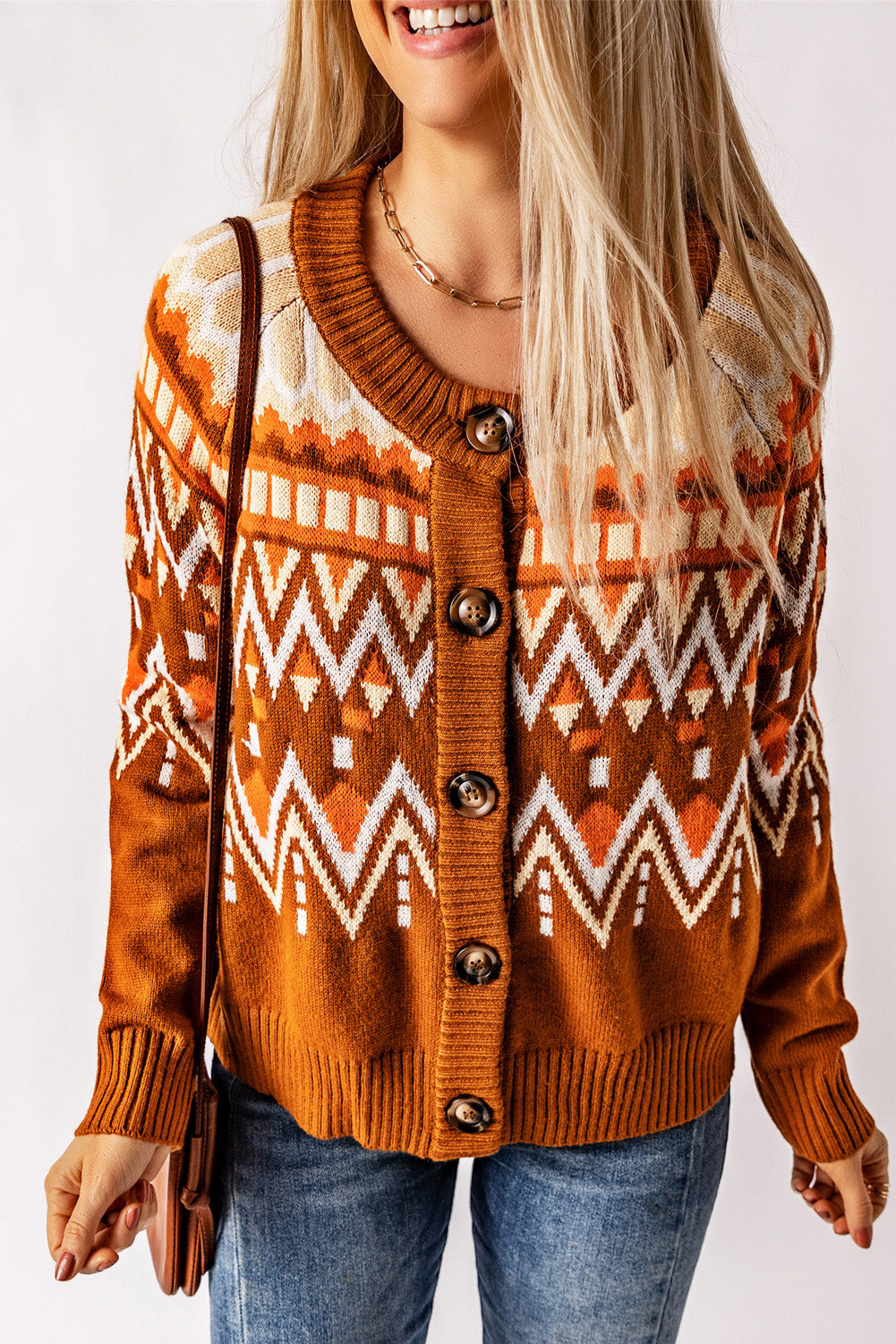Geometric Pattern Buttoned Knit Cardigan