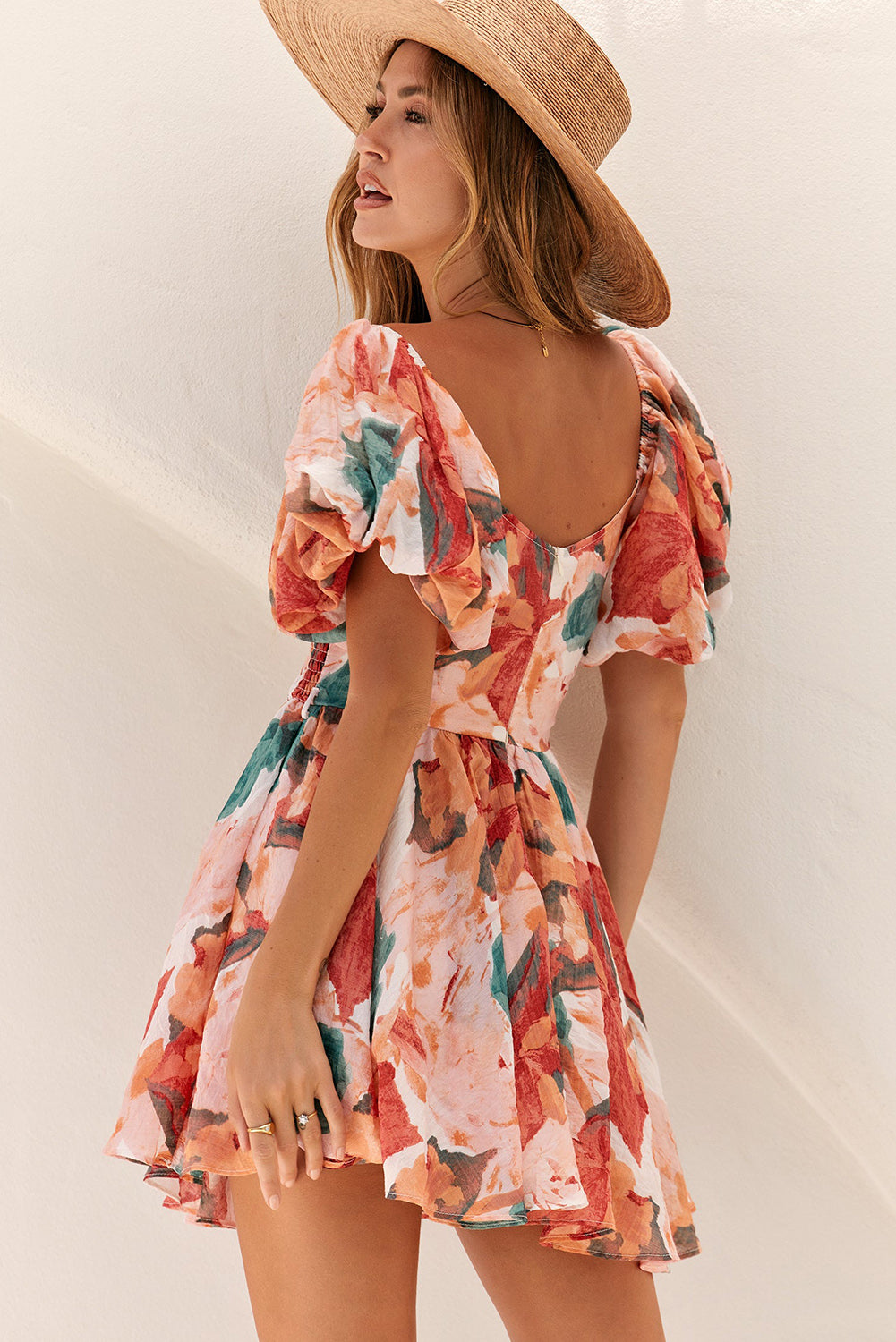 Multicolor Oil Painting Floral Print Smocked Ruffle Dress