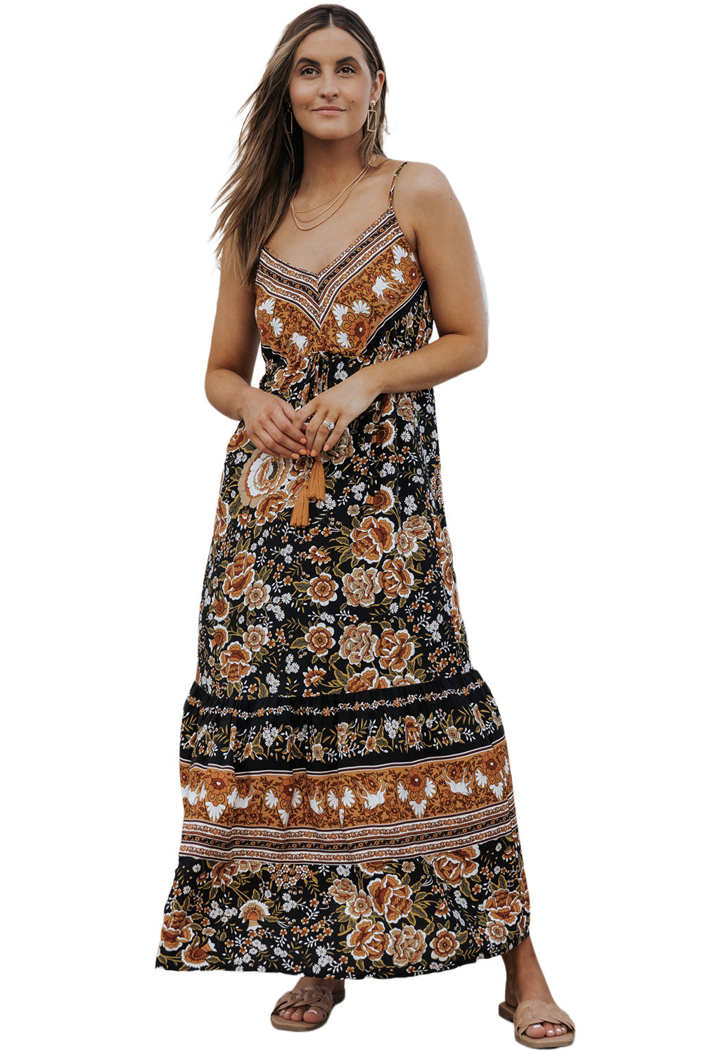 Retro Boho Floral Tassel Tie Maxi Dress