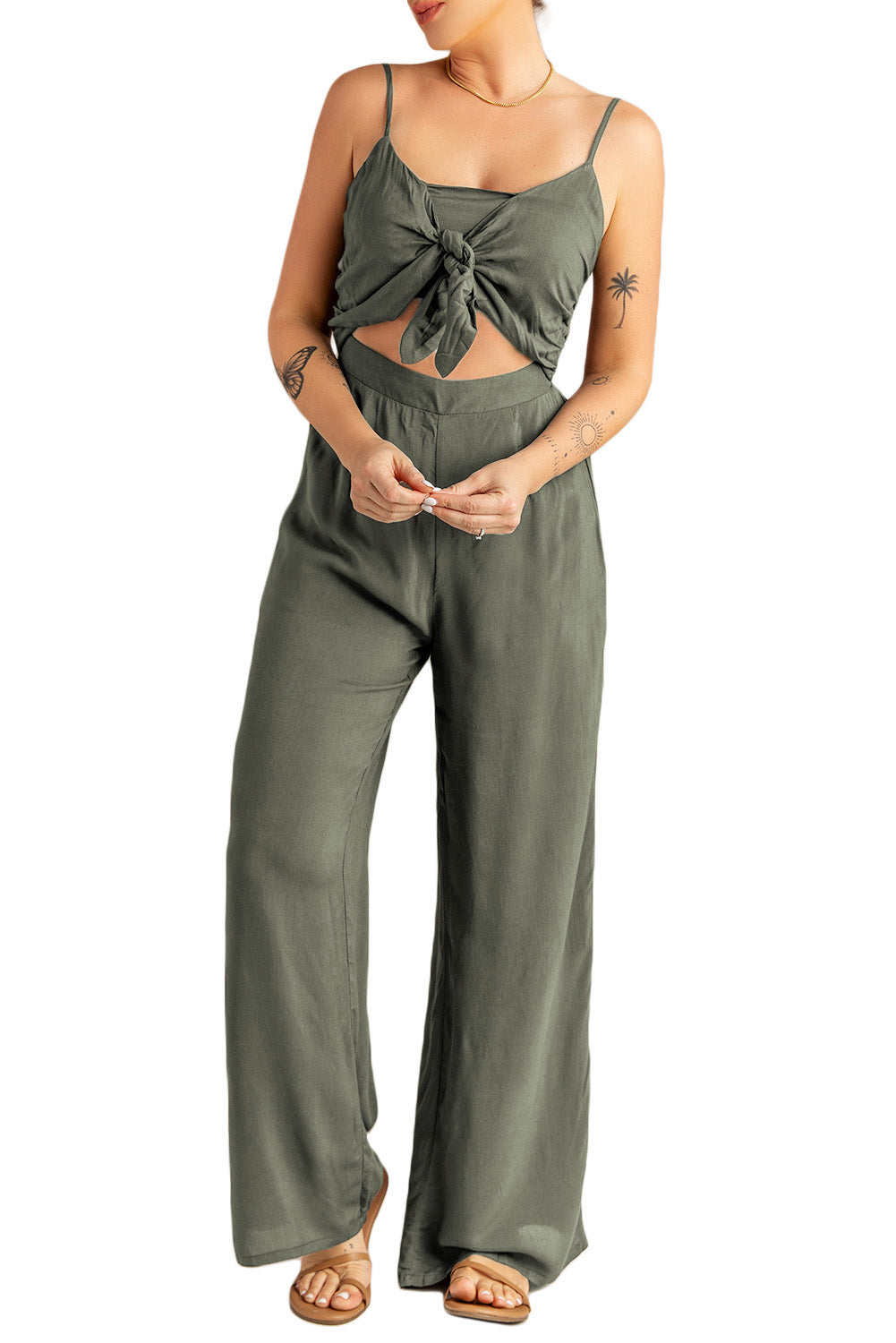 Knotted Hollow-out Front Sleeveless Wide Leg Jumpsuit
