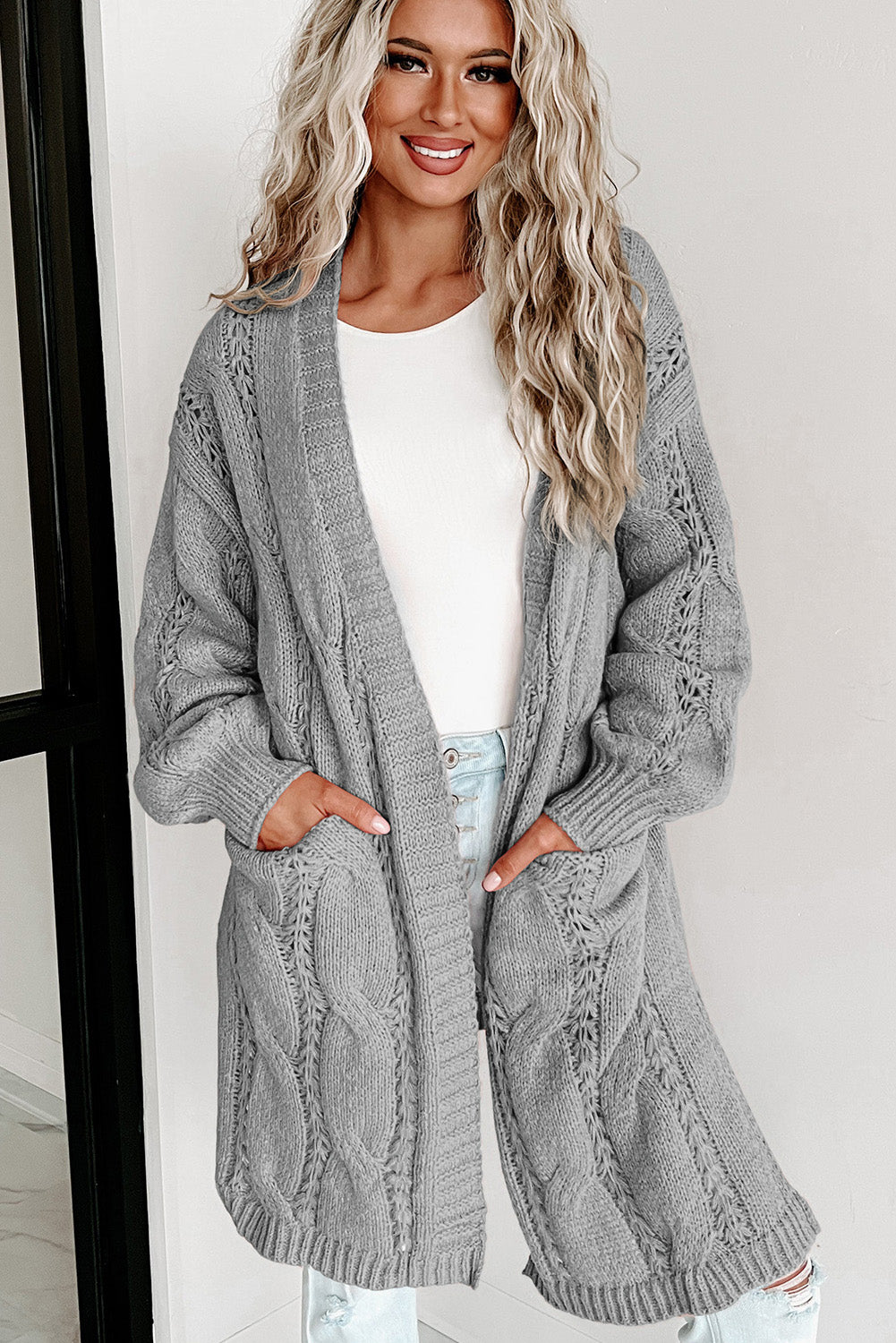 Ribbed Trim Eyelet Cable Knit Cardigan