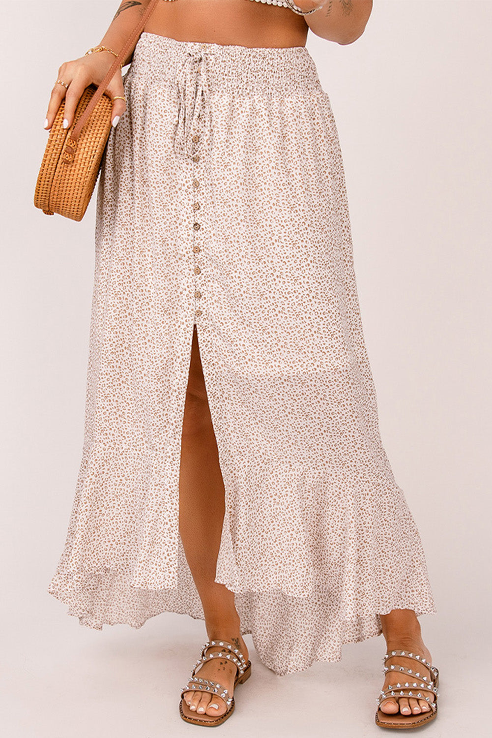 Floral Print Buttons Flounce Side Slit High Waist Maxi Skirts