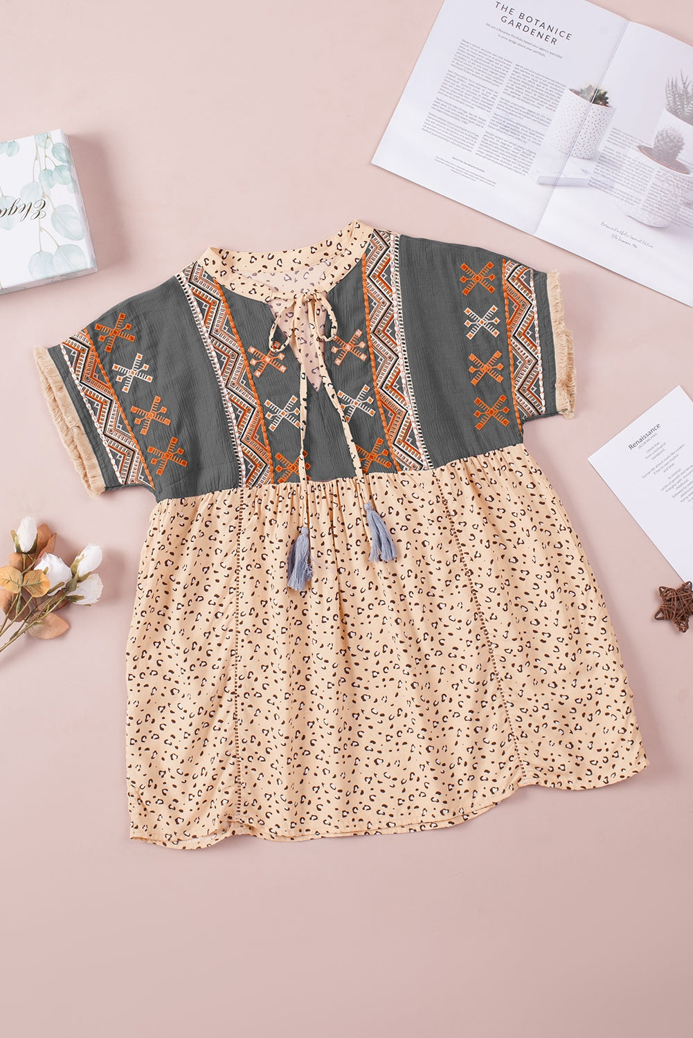 Khaki Geometric Leopard Patchwork Short Sleeve Top