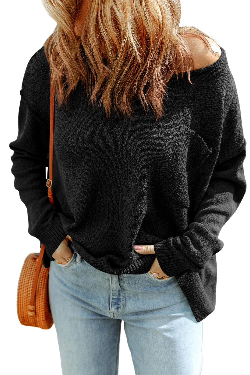 Burgundy Solid Color Off Shoulder Rib Knit Sweater with Pocket