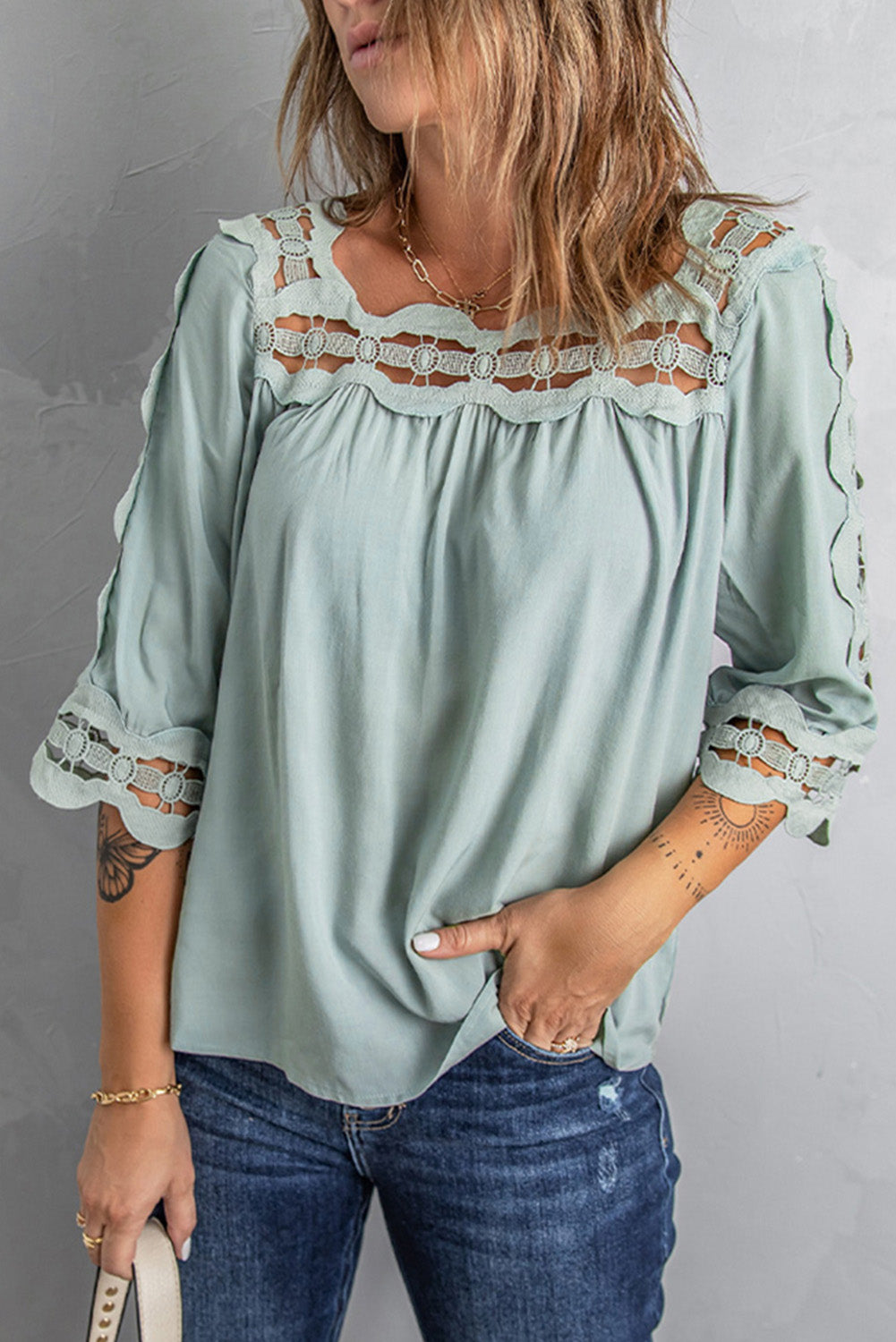 Green Drak Green Crochet Trim Hollow-out Blouse