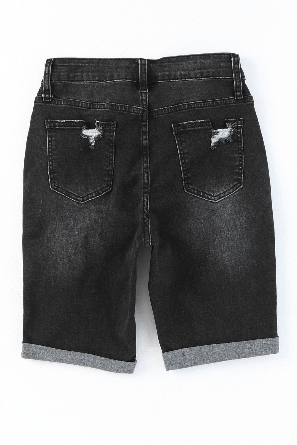 Black Roll-up Distressed Bermuda Denim Shorts