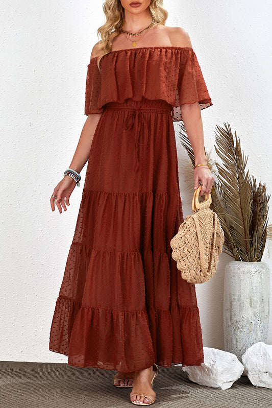 Yellow Yellow Off Shoulder Ruffle Swiss Dot Maxi Dress