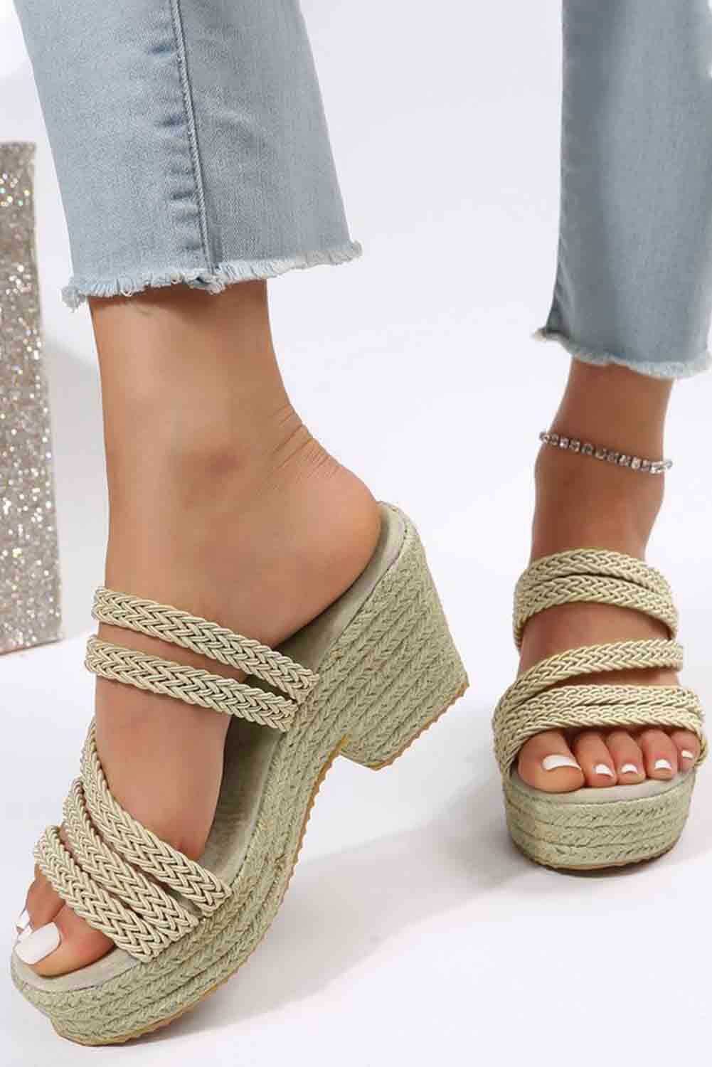 Braided Straps Slip-on Heeled Slippers