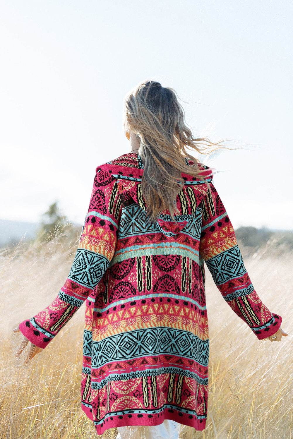 Rose Boho Aztec Knitted Pom Pom Tie Hooded Cardigan