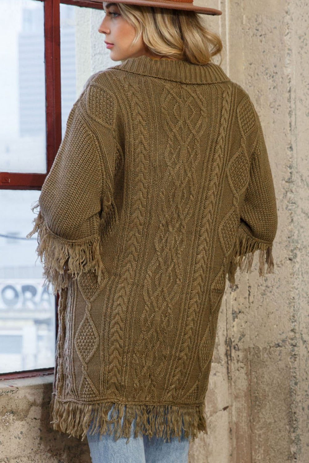 Fringe Trim Cable Knit Open Cardigan