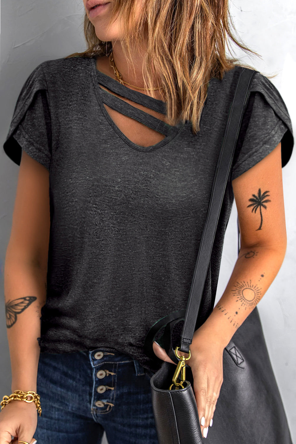 Green Strappy V Neck Overlap Short Sleeve Top